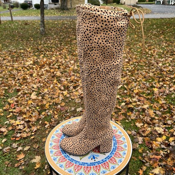 Pierre Dumas Takeoff 2 Womens Sz 7 Over-the-Knee Leopard Cheetah Heeled Boots - Picture 2 of 12